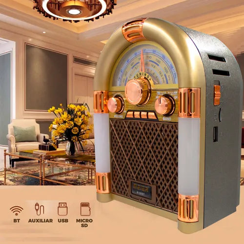 Bocina Bluetooth Radio AM/FM Retro Vintage con Luz LED Rockola